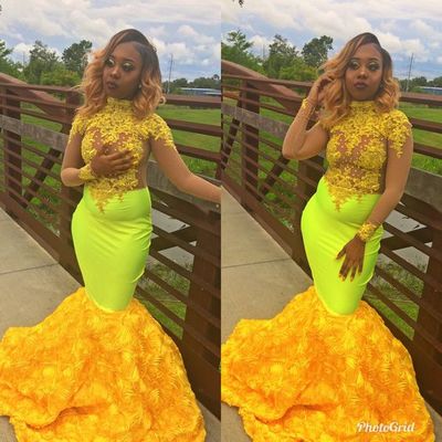 Yellow mermaid lace pom dresses crew neck lace appliques african girl black girl evening formal gowns