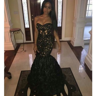 Black Mermaid Tulle Prom Dresses Sweetheart Lace Appliques African Girl Black Girl Evening Formal Gowns