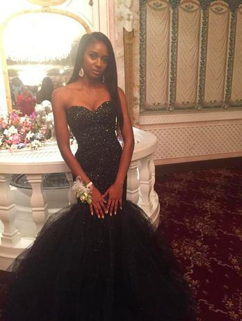 Black Mermaid Tulle Prom Dresses Sweetheart Beading Crystals African Girl Black Girl Evening Formal Gowns