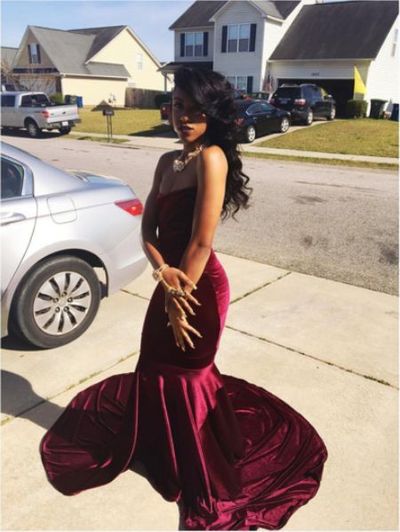 Wine Red Burgundy Mermaid Velvet Prom Dresses Strapless African Girl Black Girl Evening Formal Gowns