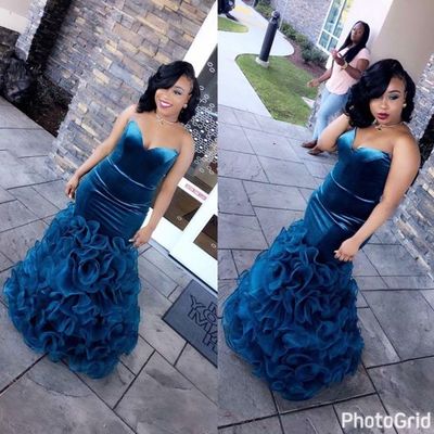 Blue mermaid velvet prom dresses sweetheart tiered african girl black girl evening formal gowns