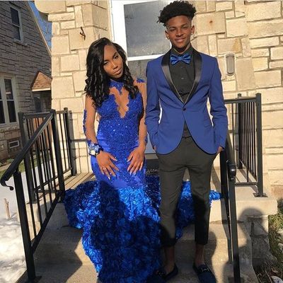 Royal blue mermaid prom dresses crew neck lace 3d flowers african girl black girl evening formal gowns
