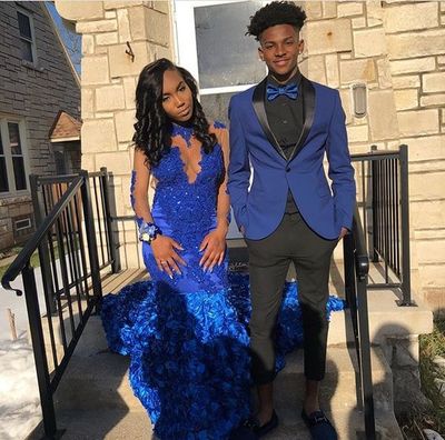 Royal Blue Mermaid Prom Dresses Crew Neck Lace 3D Flowers African Girl Black Girl Evening Formal Gowns