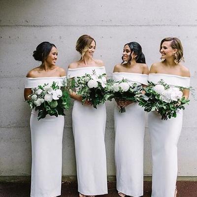 White mermaid bridesmaid dresses off the shoulder sleeveless bridesmaid gowns