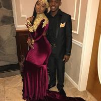 Wine Red Burgundy Velvet Prom Dresses High Neck Gold Appliques Black Girl African Girl Evening Formal Gowns - Thumbnail 1