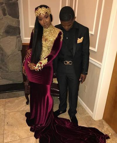 Wine Red Burgundy Velvet Prom Dresses High Neck Gold Appliques Black Girl African Girl Evening Formal Gowns