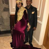 Wine Red Burgundy Velvet Prom Dresses High Neck Gold Appliques Black Girl African Girl Evening Formal Gowns - Thumbnail 3