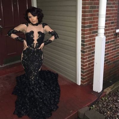 Black mermaid prom dresses high neck 3d flowers lace sheer long sleeve black girl african girl evening formal gowns