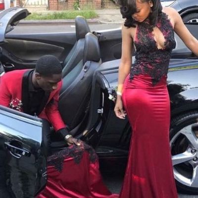 Wine red burgundy mermaid prom dresses high neck cutout black appliques black girl african girl evening formal gowns
