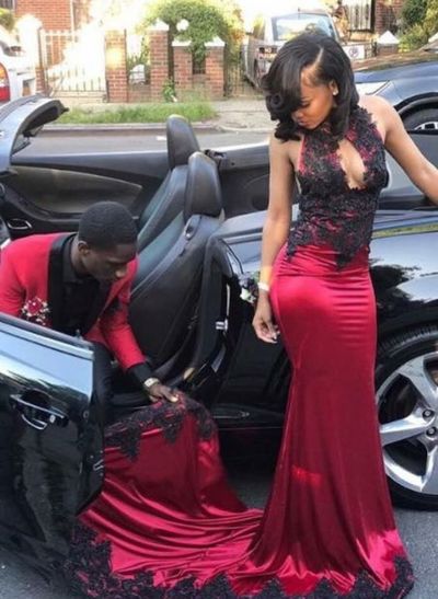 Wine Red Burgundy Mermaid Prom Dresses High Neck Cutout Black Appliques Black Girl African Girl Evening Formal Gowns