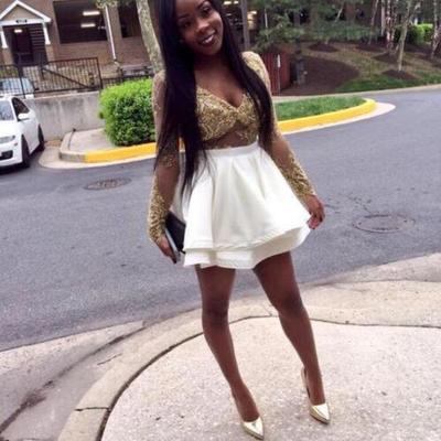 Mini short homecoming dresses deep v nec sheer long sleeve gold appliques lace black girl african girl short prom dresses cocktail gowns