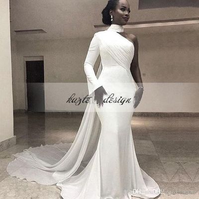 Sexy Mermaid Nigerian One-shoulder Evening Party Dresses with Ribbon Wrap 2019 South African Chiffon Train Simple Trumpet prom gowns