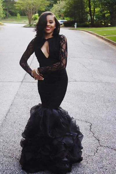 Black Mermaid Nigerian Crew Neck Evening Party Dresses with Sheer Long Sleeve Lace 2018 South African Simple Trumpet Tiered prom gowns