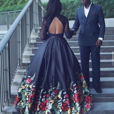 Floral print ball gown prom dresses two pieces sheer long sleeve lace black girl african girl evening formal gowns