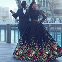 Floral Print Ball Gown Prom Dresses Two Pieces Sheer Long Sleeve Lace Black Girl African Girl Evening Formal Gowns - Thumbnail 1
