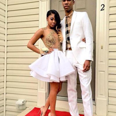 White ball gown satin mini short homecoming dresses crew neck gold appliques black girl african girl short prom dresses cocktail gowns