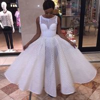 White Lace Ball Gown Prom Dresses Crew Neck Puffy Black Girl African Girl Evening Formal Gowns - Thumbnail 1
