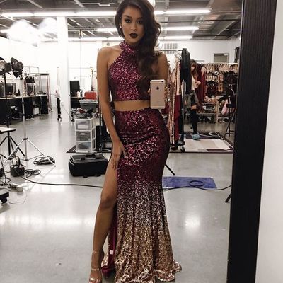 Two pieces mermaid sequins lace prom dresses high neck sleeveless evening formal gowns