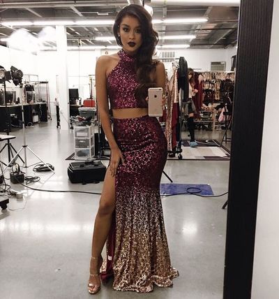 Two Pieces Mermaid Sequins Lace Prom Dresses High Neck Sleeveless Evening Formal Gowns