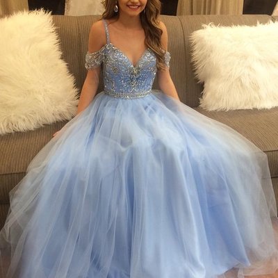 Cute a-line light blue tulle beading off shoulder prom dresses,sparkly elegant evening formal dress