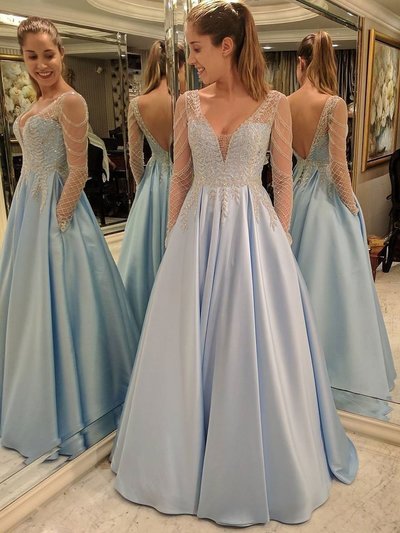 Elegant A-line Light Blue Tulle Beading Long Sleeve Prom Dresses,Sparkly Satin Evening Formal Dress
