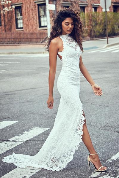 Gorgeous White Lace Mermaid Long Bridal Gown with Slit,Beach Wedding Dresses