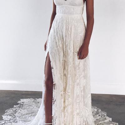 Princess white lace long wedding dress with criss back - Thumbnail 5