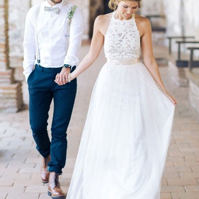 Simple jewel sleeveless floor-length lace top wedding dress with bow - Thumbnail 5