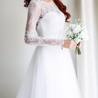 Elegant A-line Long Sleeves White Lace Wedding Dress - Thumbnail 2
