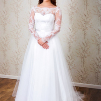 Elegant A-line Long Sleeves White Lace Wedding Dress - Thumbnail 1