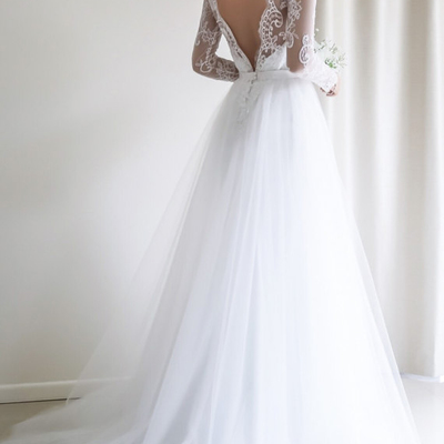 Elegant a-line long sleeves white lace wedding dress - Thumbnail 5