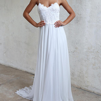 Elegant A-line Straps White Long Chiffon Bridal Gown Beach Wedding Dress - Thumbnail 1