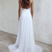 Elegant A-line Straps White Long Chiffon Bridal Gown Beach Wedding Dress - Thumbnail 2