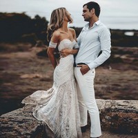 Mermaid Sweetheart Sweep Train Lace Beach Wedding Dress - Thumbnail 1
