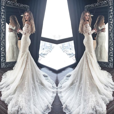 Gorgeous ivory lace mermaid long sleeve off shoulder wedding dress with applique - Thumbnail 5
