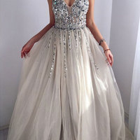 Hot Sell V Neck Long Prom Dresses with Silver Sequined - Thumbnail 1