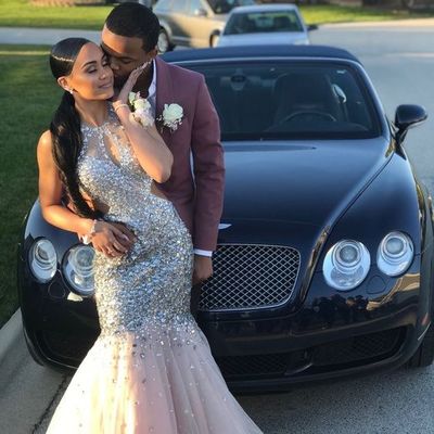 Sparkle mermaid tulle prom dresses crew neck beading crystals black girl african girl evening formal gowns