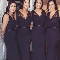 Mermaid V-Neck Sweep Train Light Grey Bridesmaid Dress with Sash - Thumbnail 1