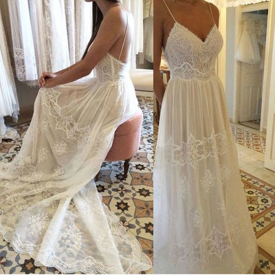 Spaghetti straps long beach wedding dresses - Thumbnail 5