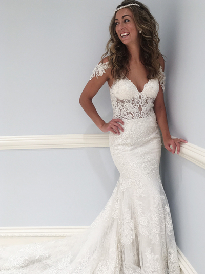 Fancy V Neck Lace Long Wedding Dress with Train