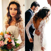 Sexy Mermaid Long Sleeves White Lace Wedding Dress - Thumbnail 1