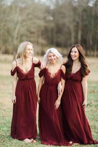 Burgundy Long Chiffon Bridesmaid Dress Wedding Party Dresses