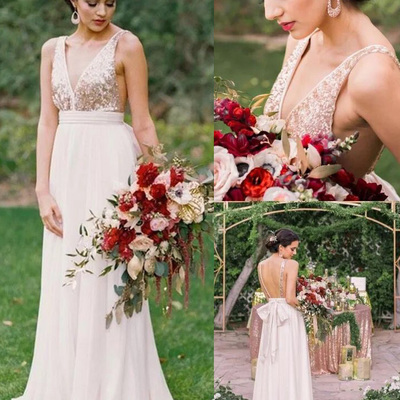 Elegant a-line v neck sequins long bridesmaid dress with open back - Thumbnail 5