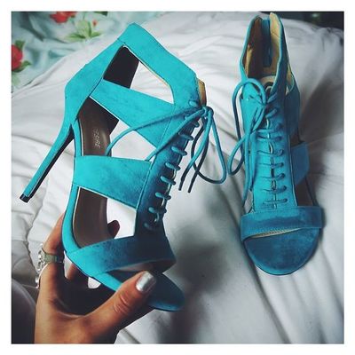 Lace-up hollow stiletto heel peep-toe zipper blue high heel sandals q-0022