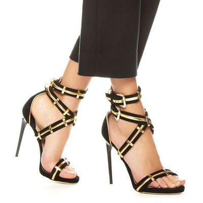 Gold black simple ankle wrap straps open toe stiletto high heel sandals q-0023