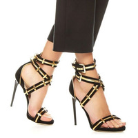 Gold Black Simple Ankle Wrap Straps Open Toe Stiletto High Heel Sandals Q-0023 - Thumbnail 1