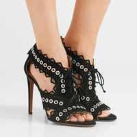 Rivets Hollow Out Open Toe Stiletto High Heel Black Pumps Sandals Q-0024 - Thumbnail 3