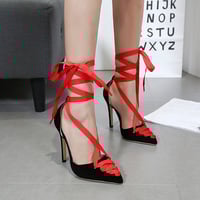 Straps Bow Pointed Toe Lace-up Low Cut Stiletto High Heels Q-0029 - Thumbnail 1