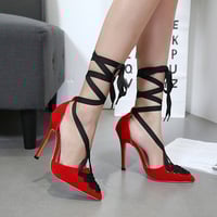 Straps Bow Pointed Toe Lace-up Low Cut Stiletto High Heels Q-0029 - Thumbnail 2
