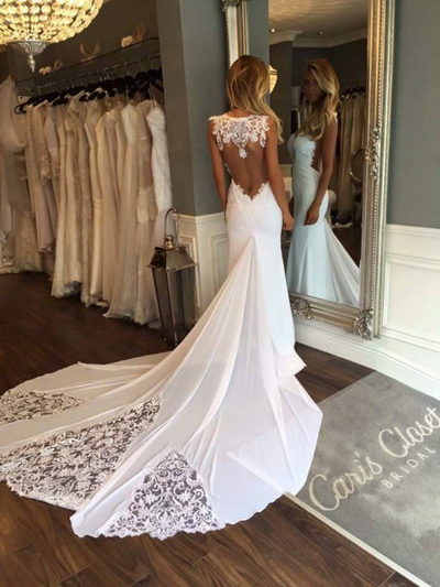 Popular Elegant Fashion Sweetheart Sleeveless Open Back White Mermaid Wedding Dress With Lace